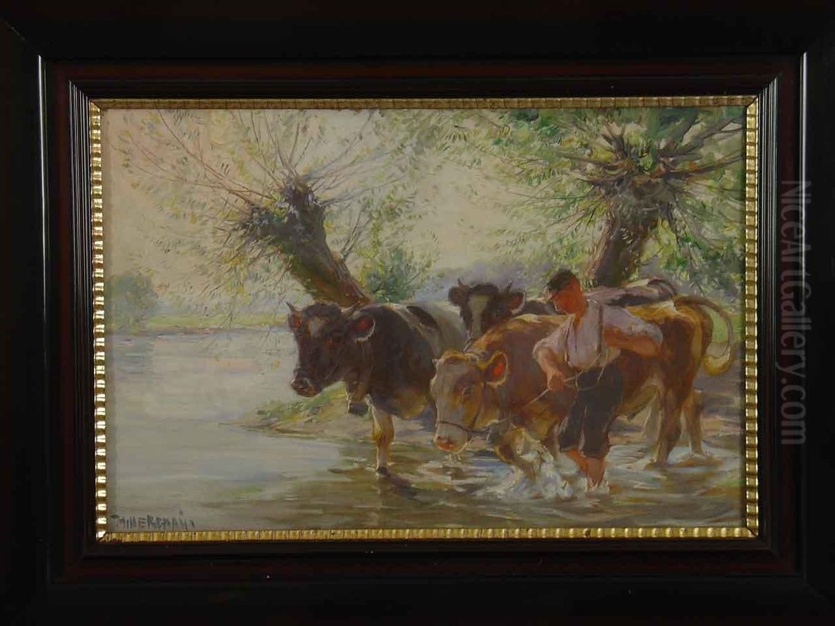 Hirte Mit 3 Kuhen Am Ufer Eines Weihers Oil Painting by Max Bergmann