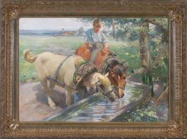 Knabe Mit Zwei Pferden An Der Tranke Am Waldrand Vor Einem Dorf Oil Painting by Max Bergmann