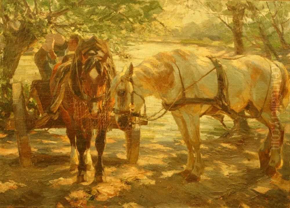Man Met Boerenkar En 2 Paarden. Gesigneerd Oil Painting by Max Bergmann