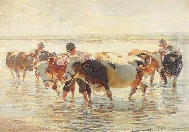 Bergmann, Max. Peasants With Cows In A Ford Oil Painting by Max Bergmann