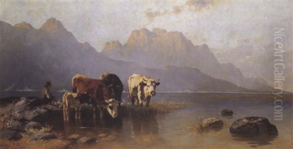 Kuhe Mit Hirten Am Seeufer Oil Painting by Christian Friedrich Mali