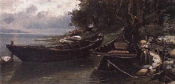 Moored Boats Oil Painting by Christian Friedrich Mali