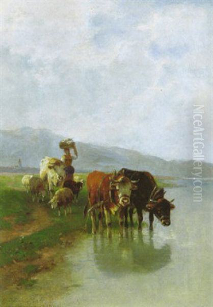 Hirtin Mit Schafen Und Ochsen An Der Tranke Am Seeufer Vorn Oil Painting by Christian Friedrich Mali