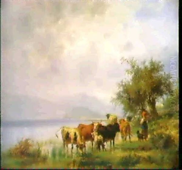 Kuhherde An Der Tranke Im Flachen Uferwasser Eines          Gebirgssees Oil Painting by Christian Friedrich Mali