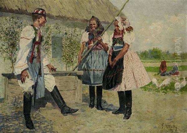 Zwei Madchen Und Ein Bursche In Tracht Vor Dem Bauernhaus Oil Painting by Gustav Mally