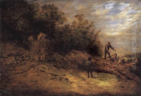 A Woodcutter Standing On A Felled Tree Conversing With A Companion Oil Painting by Jacob Sibrandi Mancadan