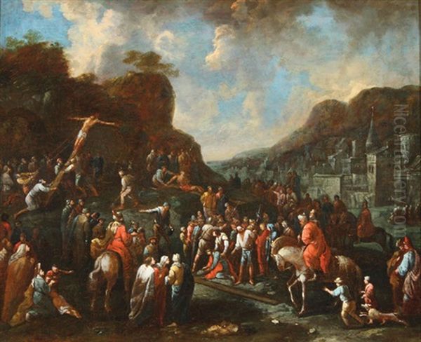 Christ On The Way To Calvary With Fortified City In The Distance Oil Painting by Karel Van Mander