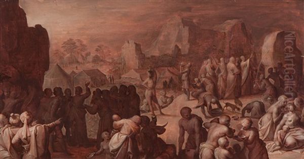 Moses Strikes Water From The Rock Oil Painting by Karel van Mander the Elder