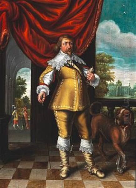 Nobleman In A Yellow Silk Dress In A Park With His Dog. Presumably Friedrich Iii Duke Of Schleswig-holstein-gottorp, Who Was A Keen Gardener. In The Park Can Be Seen Large Greenhouses And Two Noblemen On A Path Oil Painting by Karel Van Mander