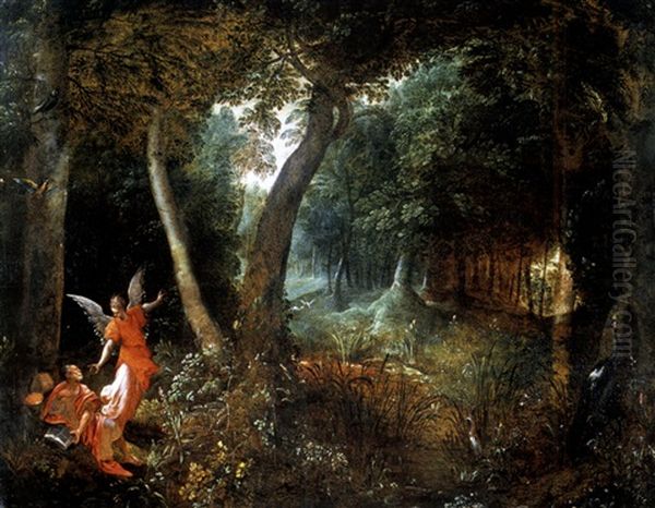Waldlandschaft Mit Engel Und Dem Evangelisten Johannes Oil Painting by Karel van Mander the Elder