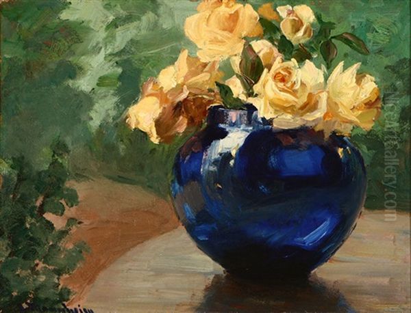Still Life With Yellow Roses And Cobalt Blue Vase Oil Painting by Jean Mannheim