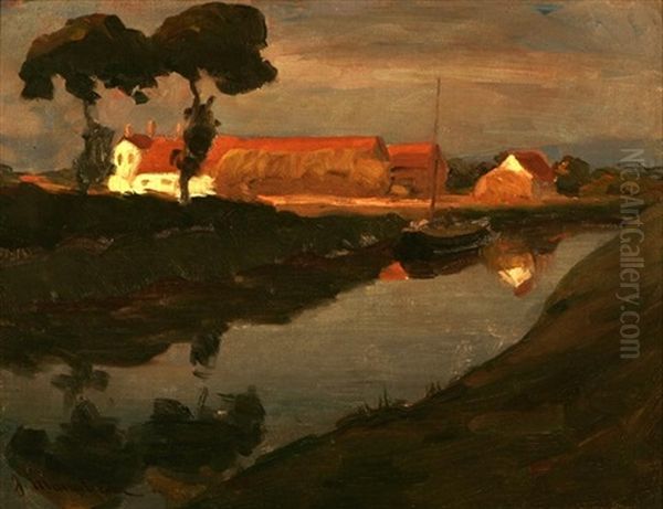 Twin Trees, Canal Scene In Belgium Oil Painting by Jean Mannheim
