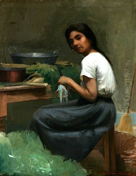 Woman Preparing Vegetables At Kitchen Table Oil Painting by Jean Mannheim