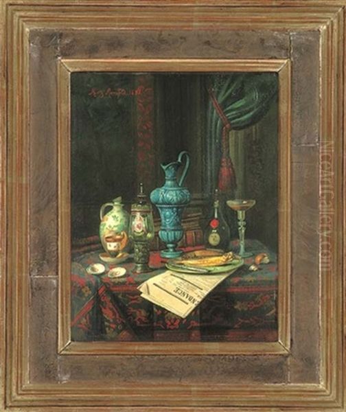 Wine, Jugs, Cups, A Glass, With Fish On A Plate, On A Newspaper, In An Interior Oil Painting by Moritz Mansfeld