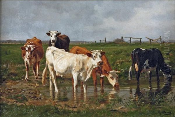 Le Troupeau S'abreuvant Oil Painting by Adolphe Charles Marais