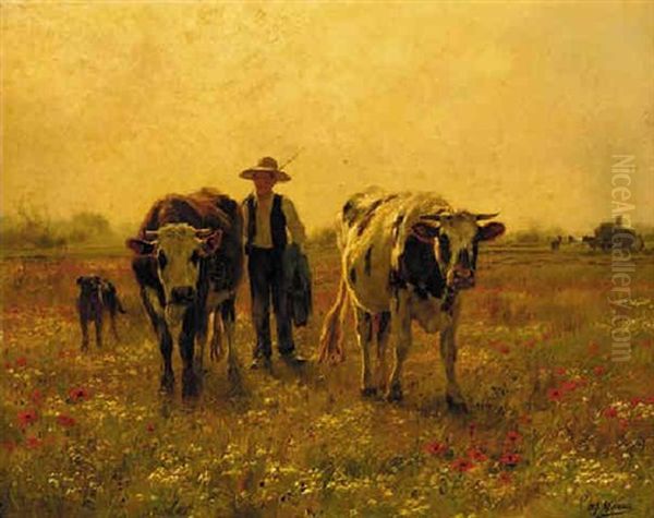 A Cowherder Returning Home With His Cattle Oil Painting by Adolphe Charles Marais