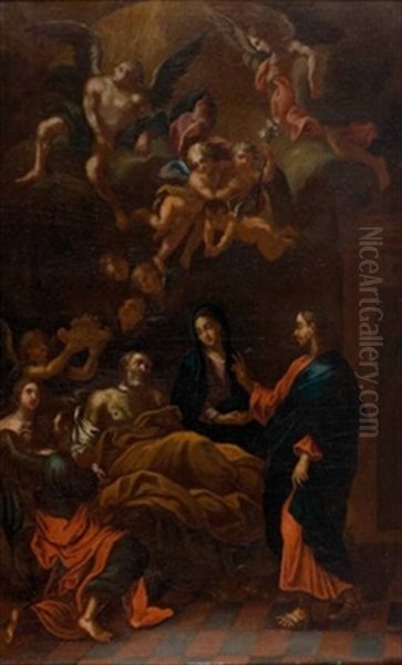 Der Tod Des Hl. Josef Mit Maria Und Jesus (engel Tragen Den Bluhenden Stab Josefs Zum Himmel) Oil Painting by Carlo Maratta