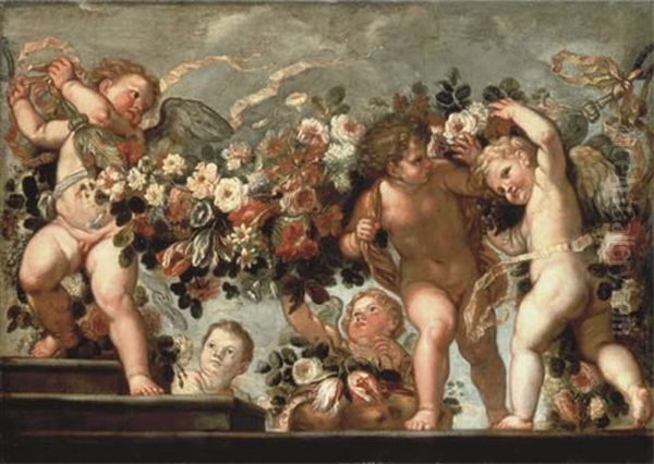 Putti With Festoons Of Roses, Tulips, Morning Glory And Other Flowers On A Parapet With Steps (collab. W/studio Of Franz Werner Von Tamm) Oil Painting by Carlo Maratta or Maratti