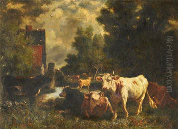 Trupeau Pres Du Moulin Oil Painting by Emile Van Marcke De Lumman
