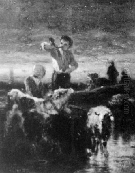 Figures And Animals By The River Oil Painting by Emile van Marcke de Lummen