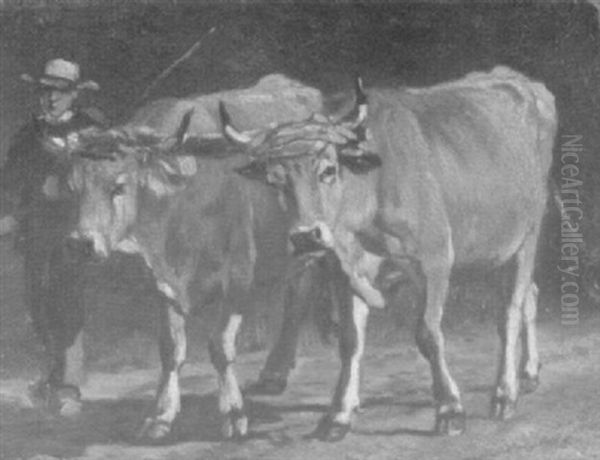 Bauer Mit Zwei Ochsen Auf Einem Feldweg Oil Painting by Emile van Marcke de Lummen