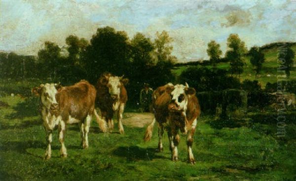 Cows In A Pasture With A Herder Beyond Oil Painting by Emile van Marcke de Lummen