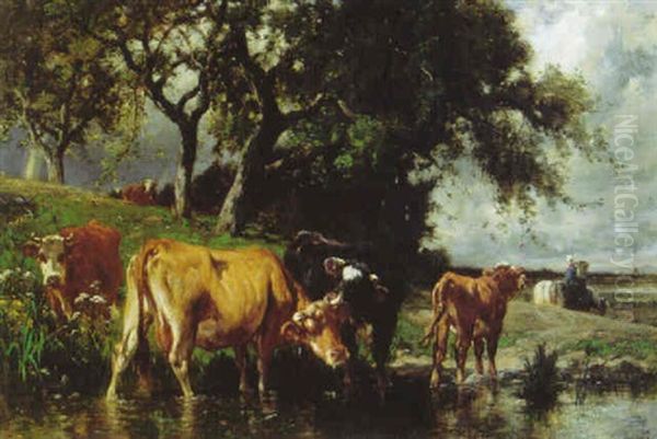 Cows Resting In A Stream Oil Painting by Emile van Marcke de Lummen