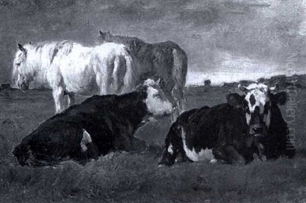 Cows And Horse In A Pasture Oil Painting by Emile van Marcke de Lummen