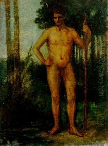 Mannlicher Akt Mit Stab In Einem Hain Oil Painting by Hans von Marees