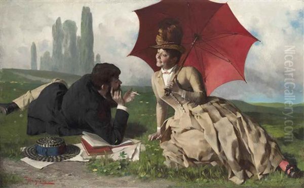 Courting In The Countryside Oil Painting by Tihamer Von Margitay