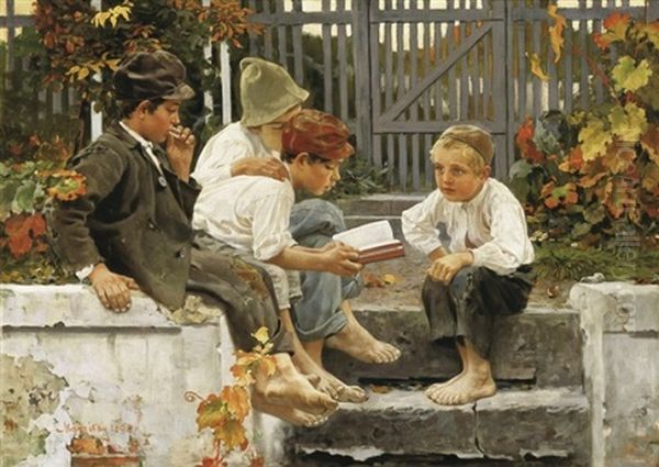 Izgalmas Tortenet (exciting Story) Oil Painting by Tihamer Von Margitay