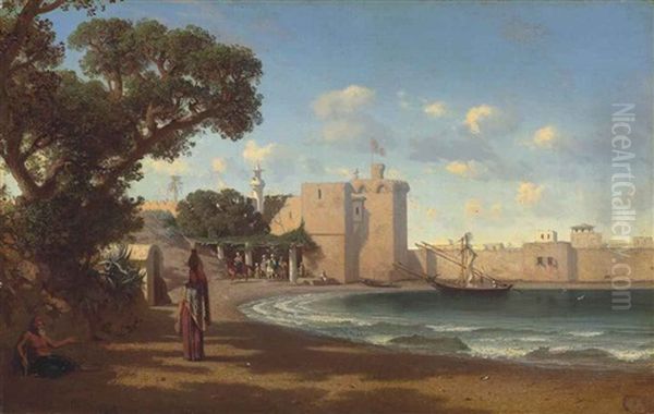 A Fortified Village Oil Painting by Prosper-Georges-Antoine Marilhat
