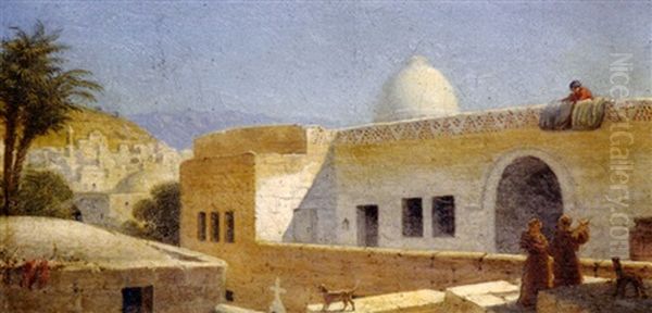 Moines Sur Une Terrasse A Jerusalem Oil Painting by Prosper-Georges-Antoine Marilhat