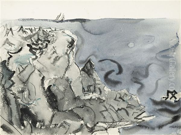 Grey Rock, Blue Grey Sea And Boat Oil Painting by John Marin