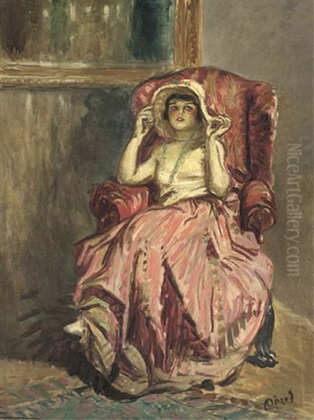 A Woman Seated In An Armchair In A Large Hat Oil Painting by Lajos Mark