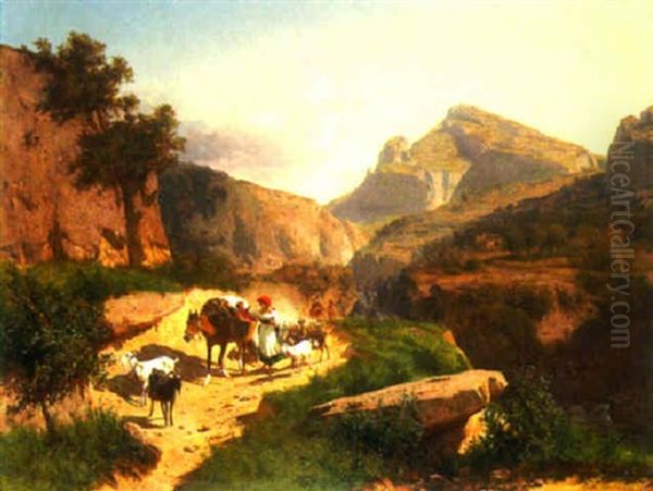 A Shepherd Family In A Mountainous Landscape Oil Painting by Andras Marko