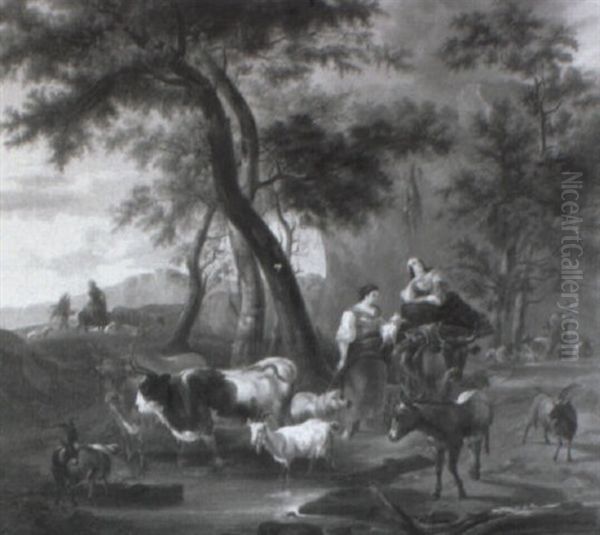 Hirten Mit Ihrer Herde In Italienischer Gebirgslandschaft Oil Painting by Andras Marko