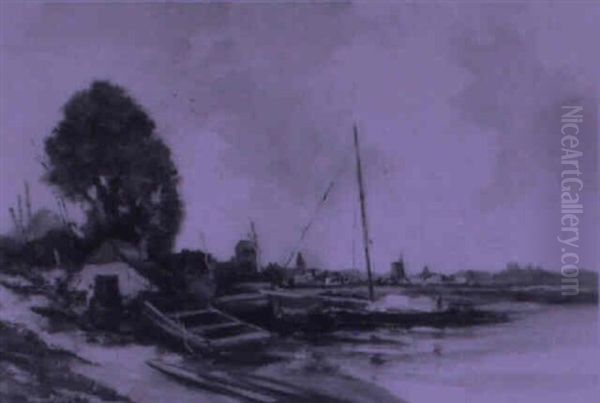 Estuary Town With Windmills And Boats Oil Painting by Antoon Markus