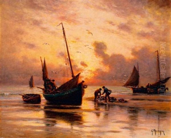Pecheurs Sur La Greve, Soir D'ete Oil Painting by Georges Philibert Charles Maroniez