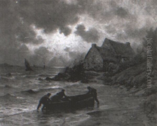 Pescadores En La Playa Oil Painting by Georges Philibert Charles Maroniez