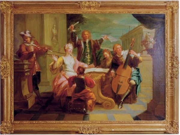 A Musical Company With A Boy And Dog (+ A Musical Company With A Man Playing A Viola Di Gamba; Pair) Oil Painting by Francois Marot