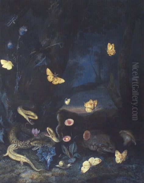 Waldboden-stilleben Mit Drei Schlangen, Erdbeeren, Frosch Und Faltern Oil Painting by Otto Marseus van Schrieck