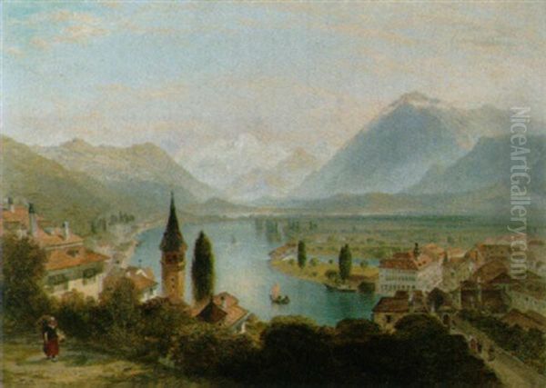The River At Thun With The Bernese Alps In The Distance Oil Painting by Charles Marshall