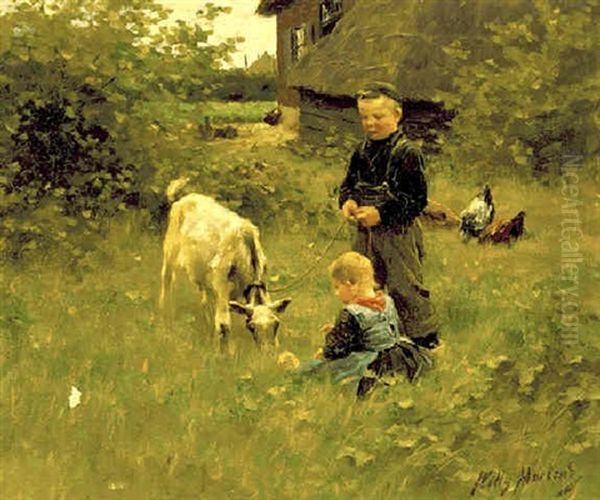 Two Children And A Goat Oil Painting by Willy Martens
