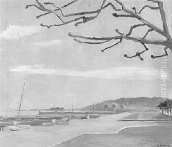 Bootshafen Mit Uferpromenade Am Genfersee Oil Painting by Eugene Louis Martin