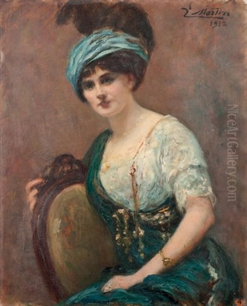 Portrait De Femme A La Robe Et Au Ruban Bleu Oil Painting by Jacques Martin