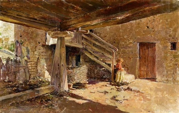 A Barn Interior Oil Painting by Enrique Martinez Cubells y Ruiz