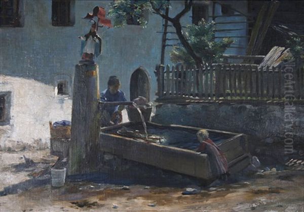 Dorfbrunnen In Grins Oil Painting by Anton Marussig