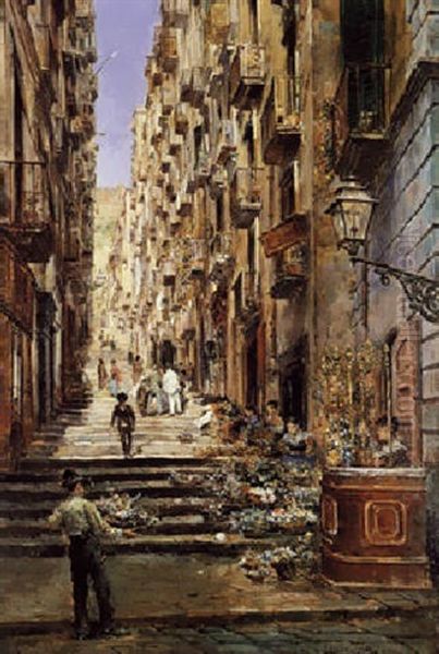 Floristas En La Calle Oil Painting by Arcadi Mas y Fondevila