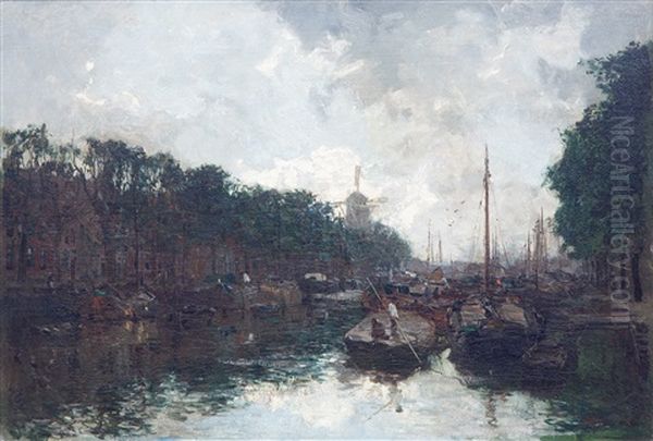 A View Of Rotterdam With The Nieuwe Haven And The Windmill 'de Noord' At Oostplein Oil Painting by Johan Hendrik van Mastenbroek